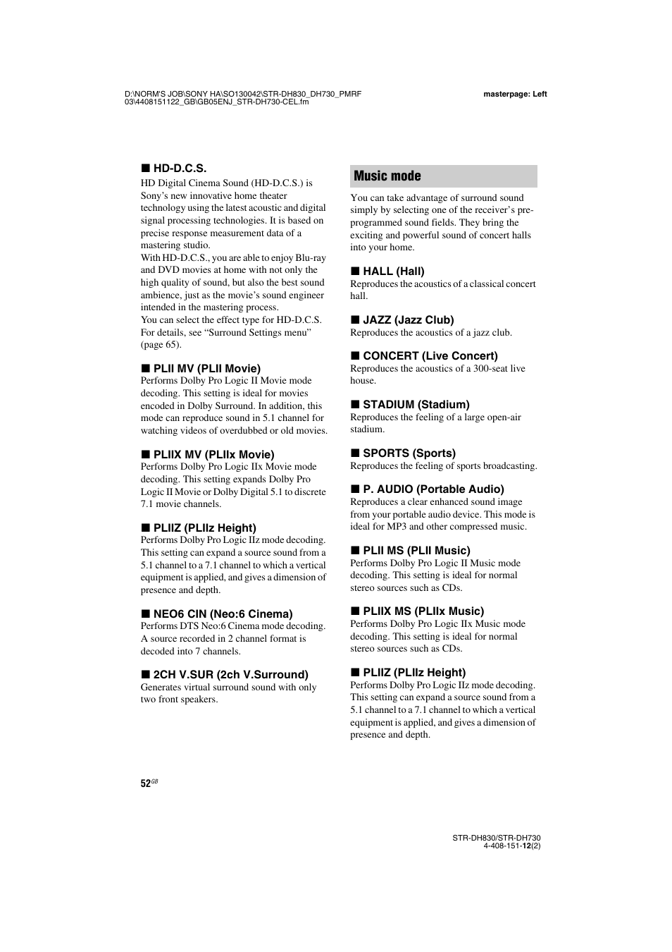 Music mode | Sony STRDH830 User Manual | Page 52 / 88