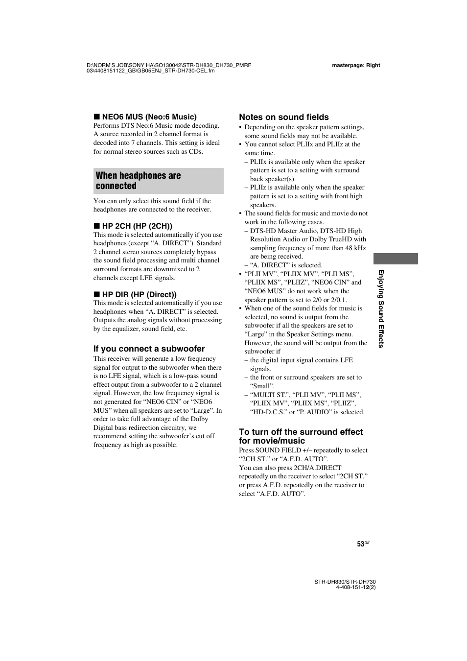 When headphones are connected | Sony STRDH830 User Manual | Page 53 / 88