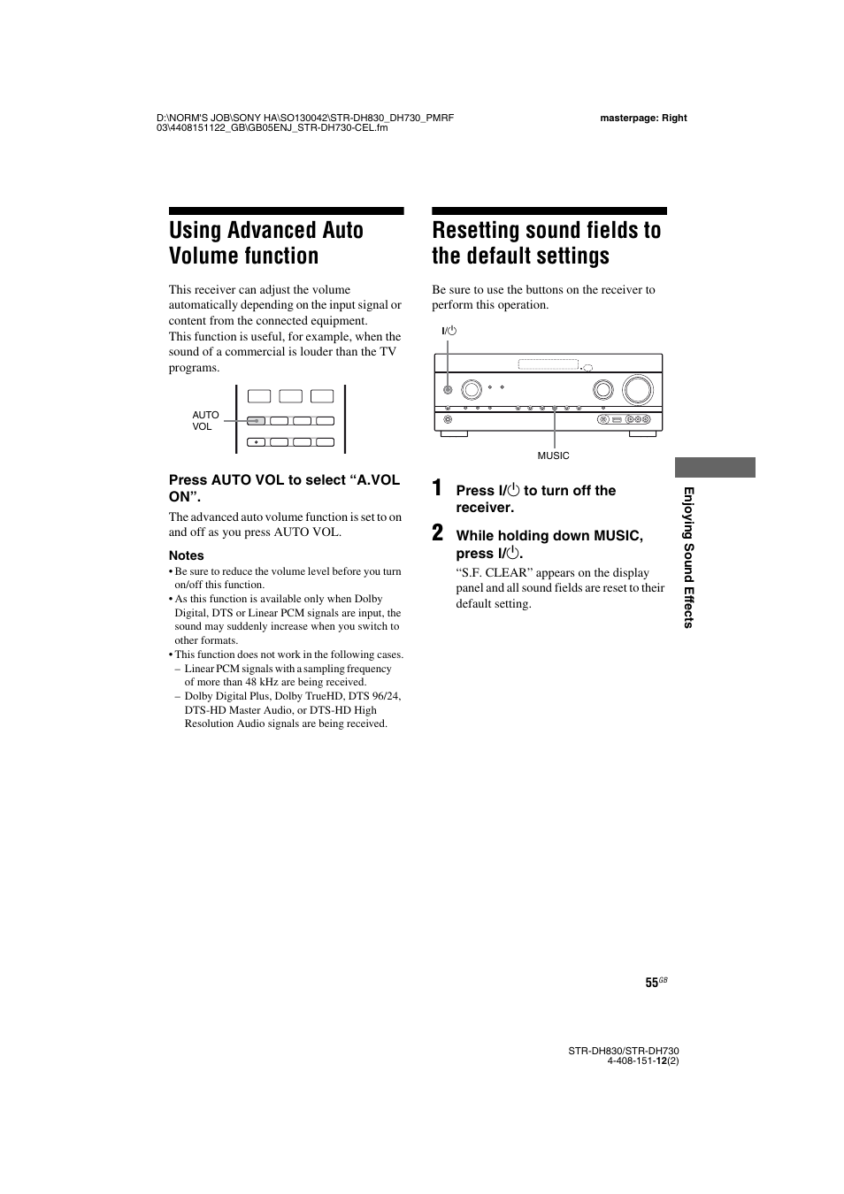 Using advanced auto volume function, Resetting sound fields to the default settings, Settings | Sony STRDH830 User Manual | Page 55 / 88