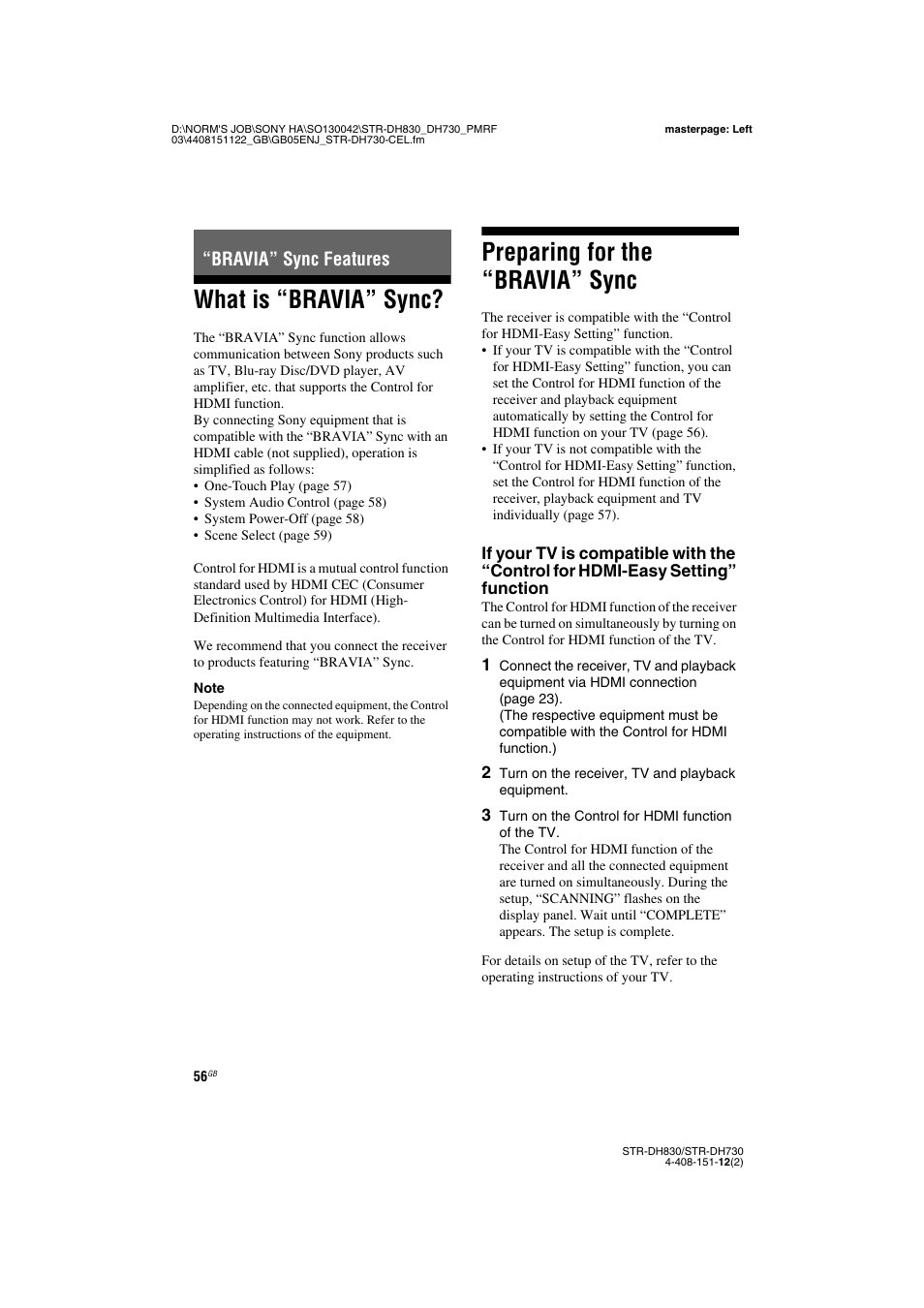 Bravia” sync features, What is “bravia” sync, Preparing for the “bravia” sync | Sony STRDH830 User Manual | Page 56 / 88