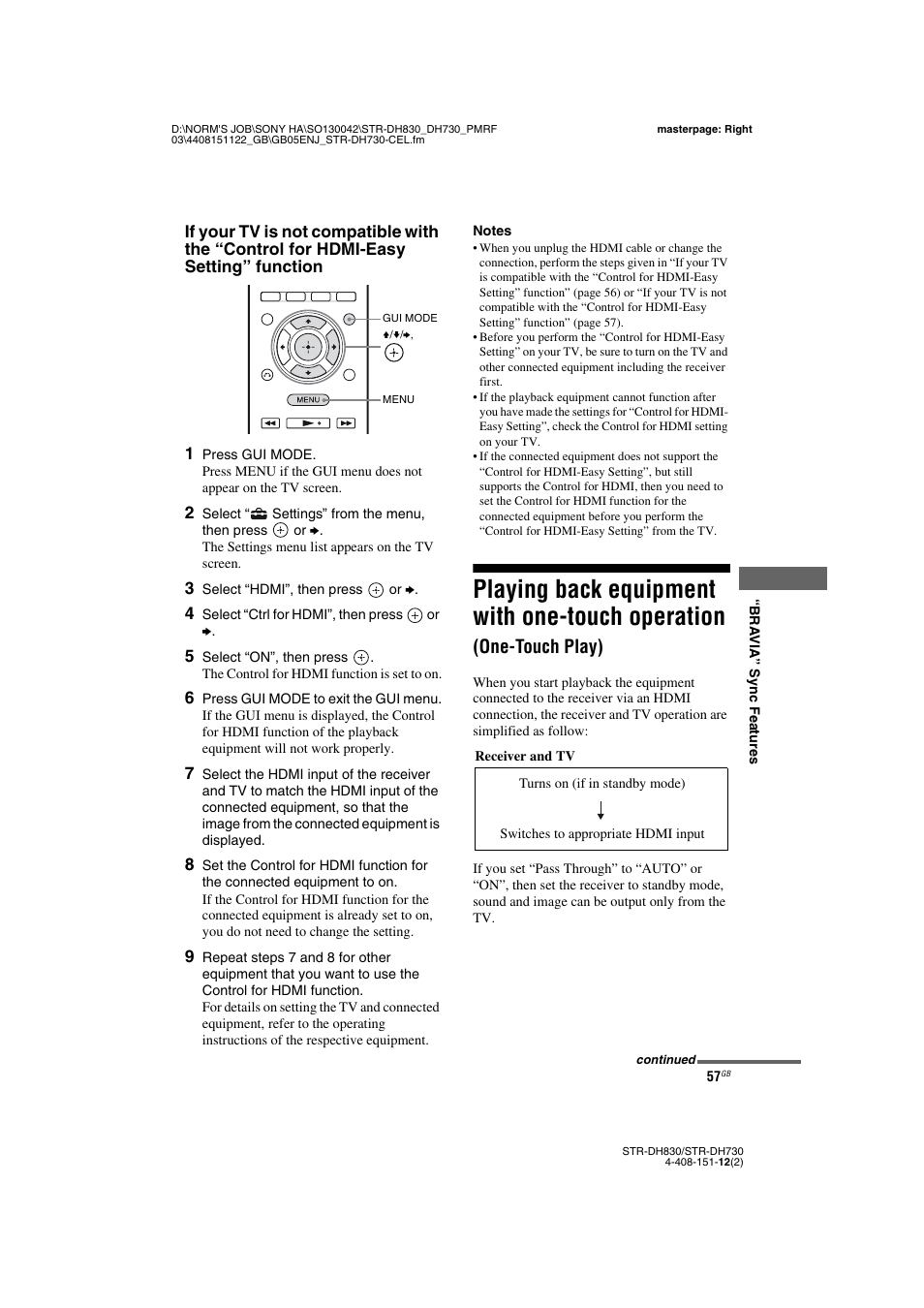 Playing back equipment with one-touch, Operation (one-touch play), Playing back equipment with one-touch operation | One-touch play) | Sony STRDH830 User Manual | Page 57 / 88