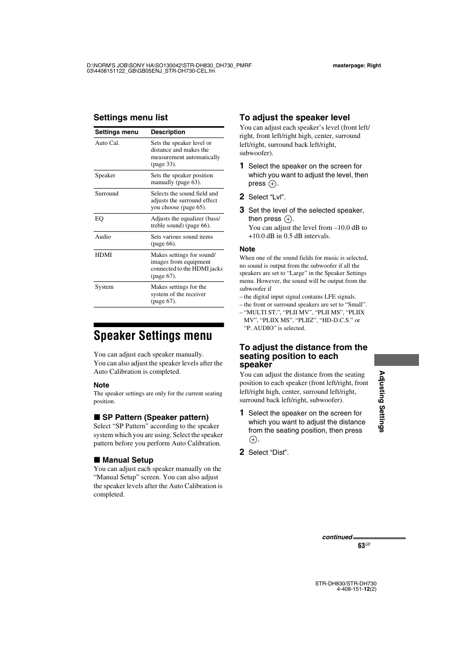 Speaker settings menu | Sony STRDH830 User Manual | Page 63 / 88