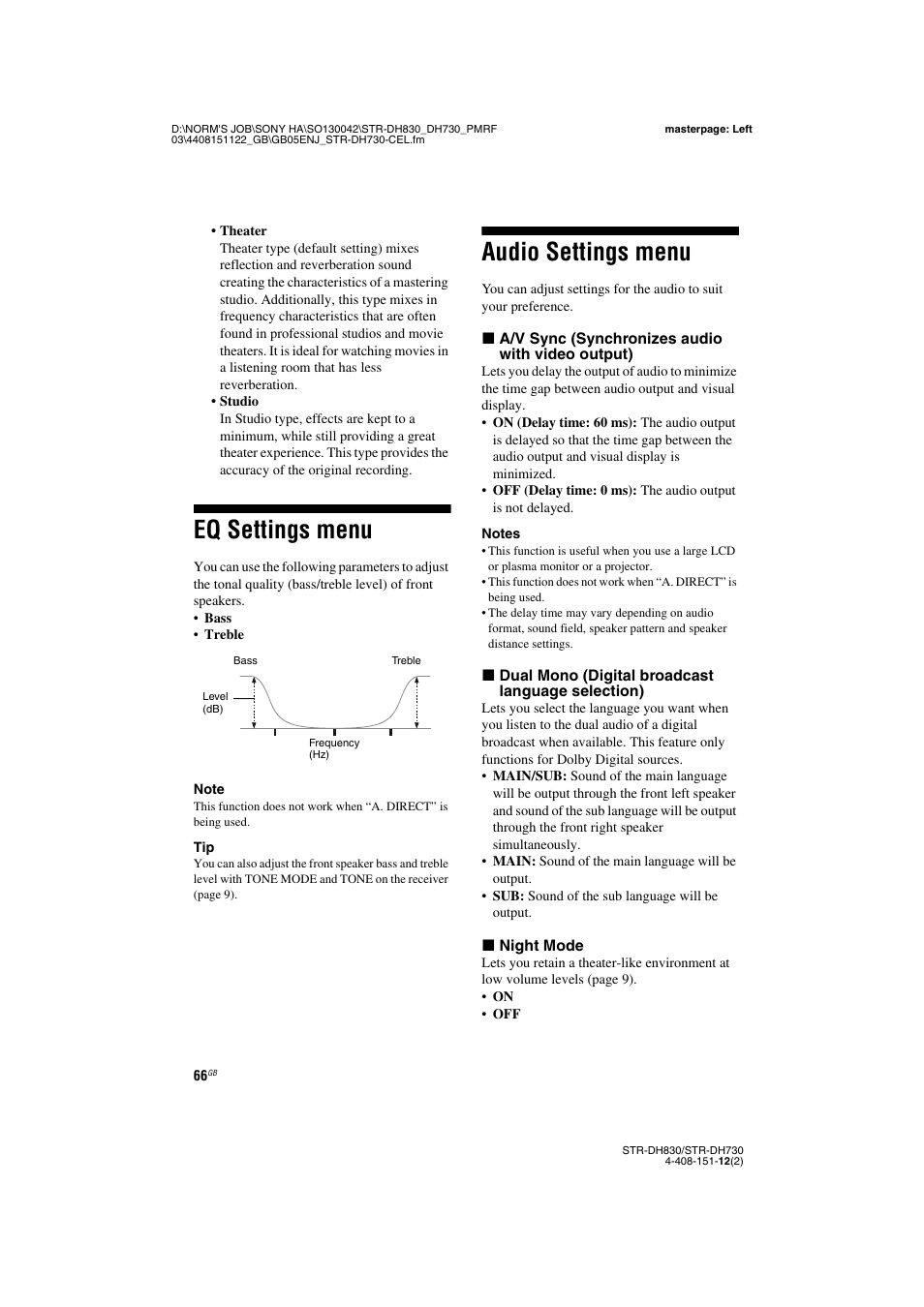 Eq settings menu, Audio settings menu, Eq settings menu audio settings menu | Sony STRDH830 User Manual | Page 66 / 88