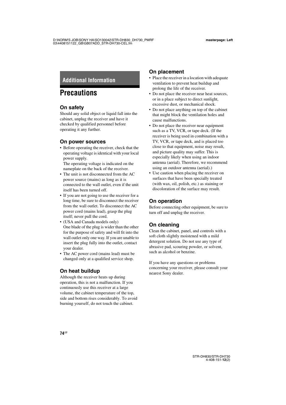 Additional information, Precautions | Sony STRDH830 User Manual | Page 74 / 88