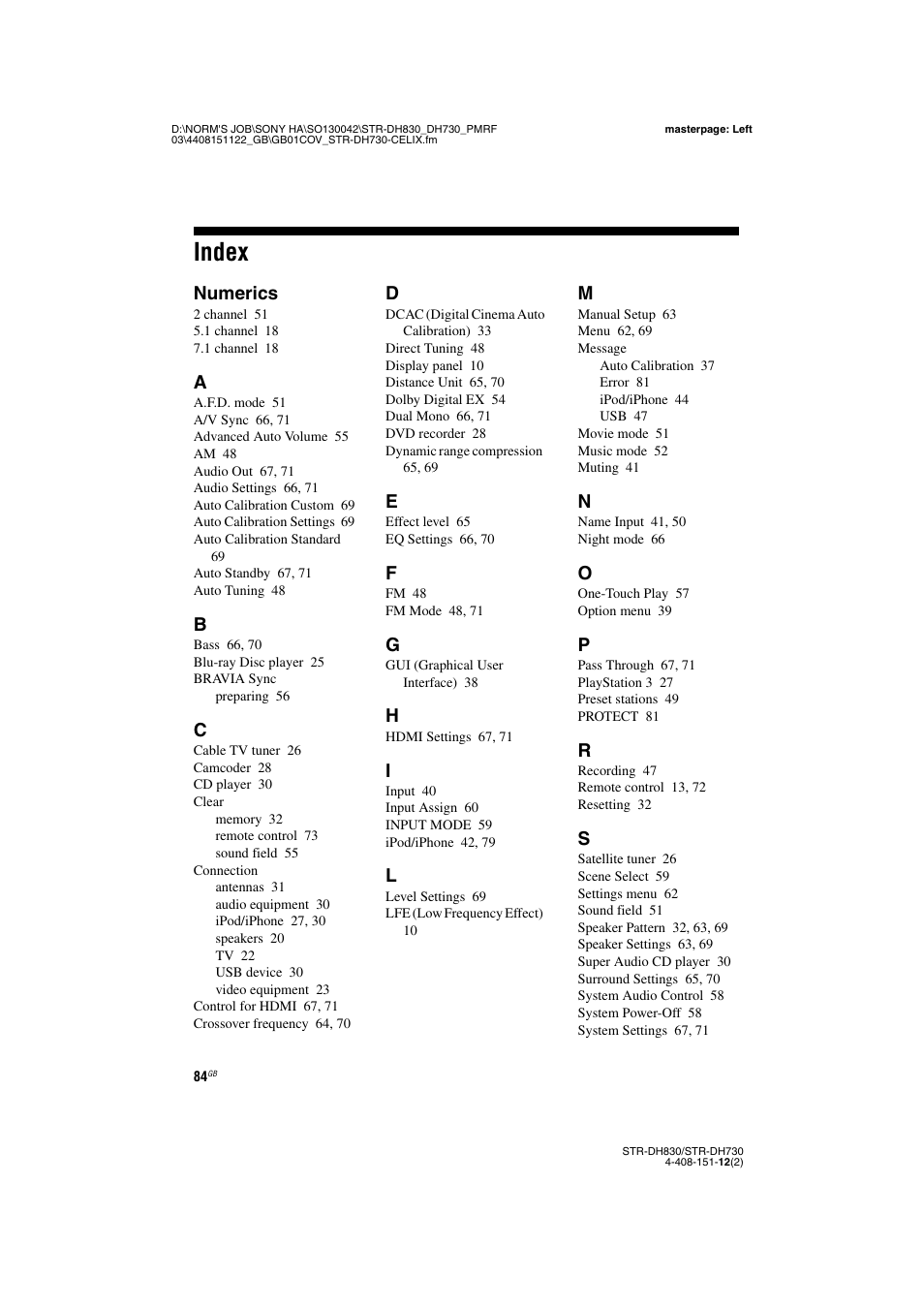 Index, Numerics | Sony STRDH830 User Manual | Page 84 / 88