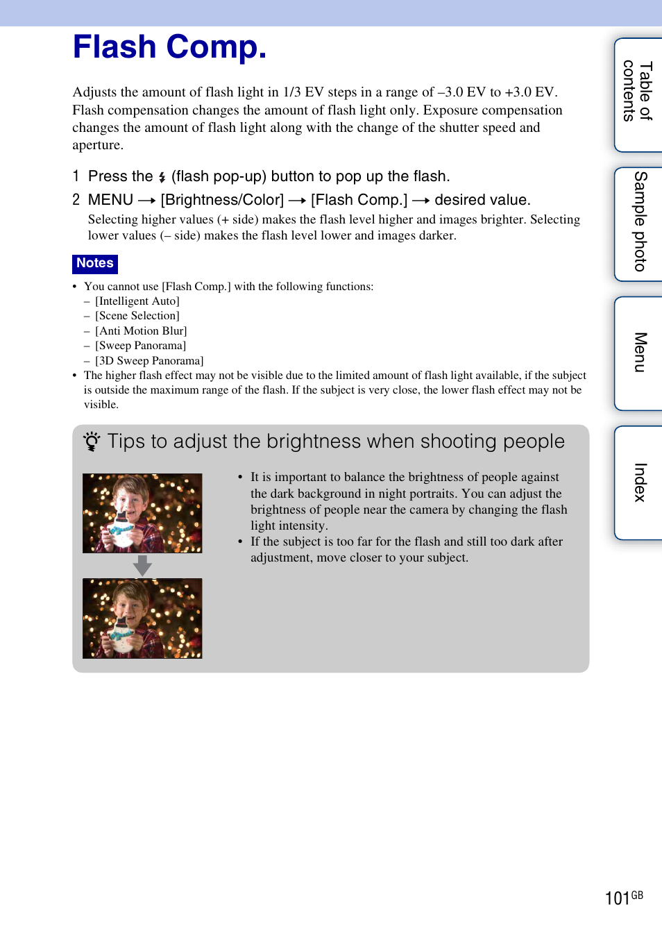 Flash comp, Tips to adjust the brightness when shooting people | Sony NEX-7K User Manual | Page 101 / 211