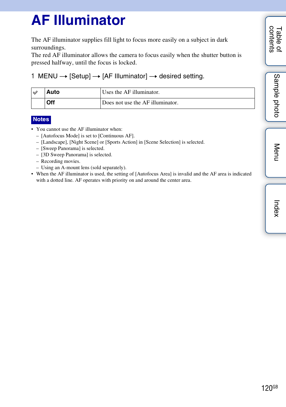Af illuminator | Sony NEX-7K User Manual | Page 120 / 211