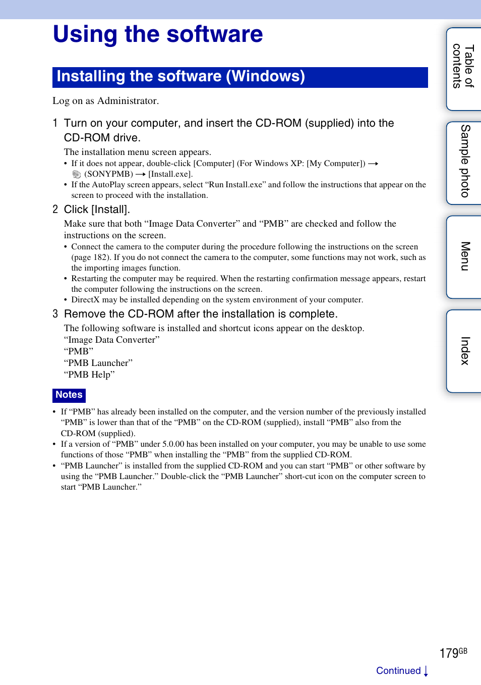 Using the software, Installing the software (windows) | Sony NEX-7K User Manual | Page 179 / 211