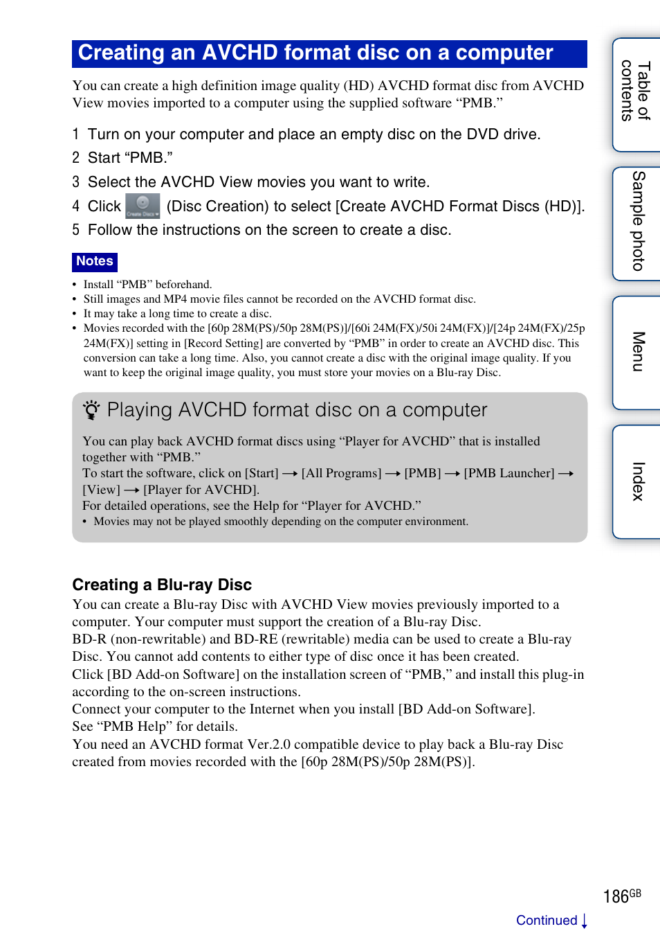 Creating an avchd format disc on a computer, Playing avchd format disc on a computer | Sony NEX-7K User Manual | Page 186 / 211