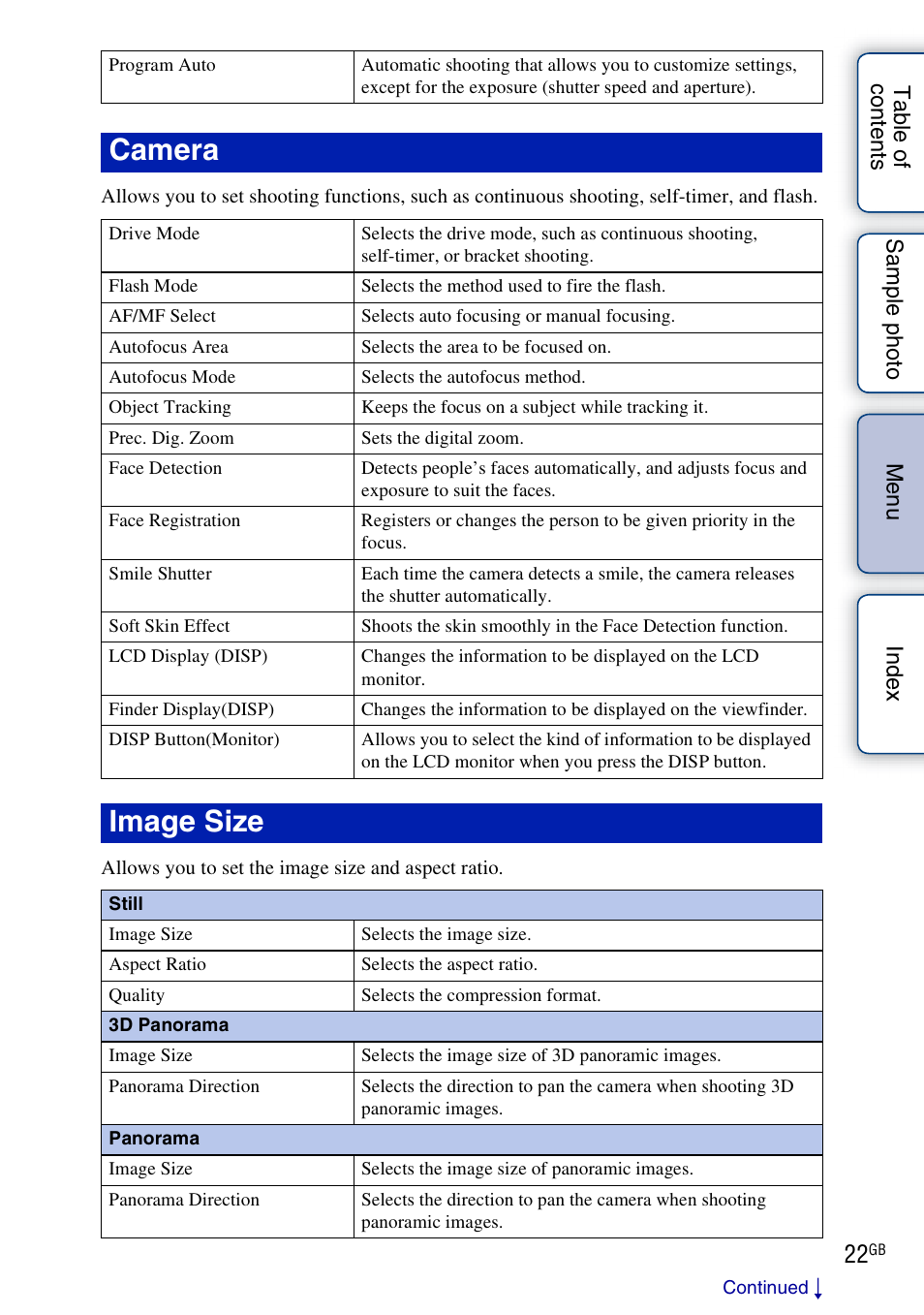 Camera, Image size | Sony NEX-7K User Manual | Page 22 / 211