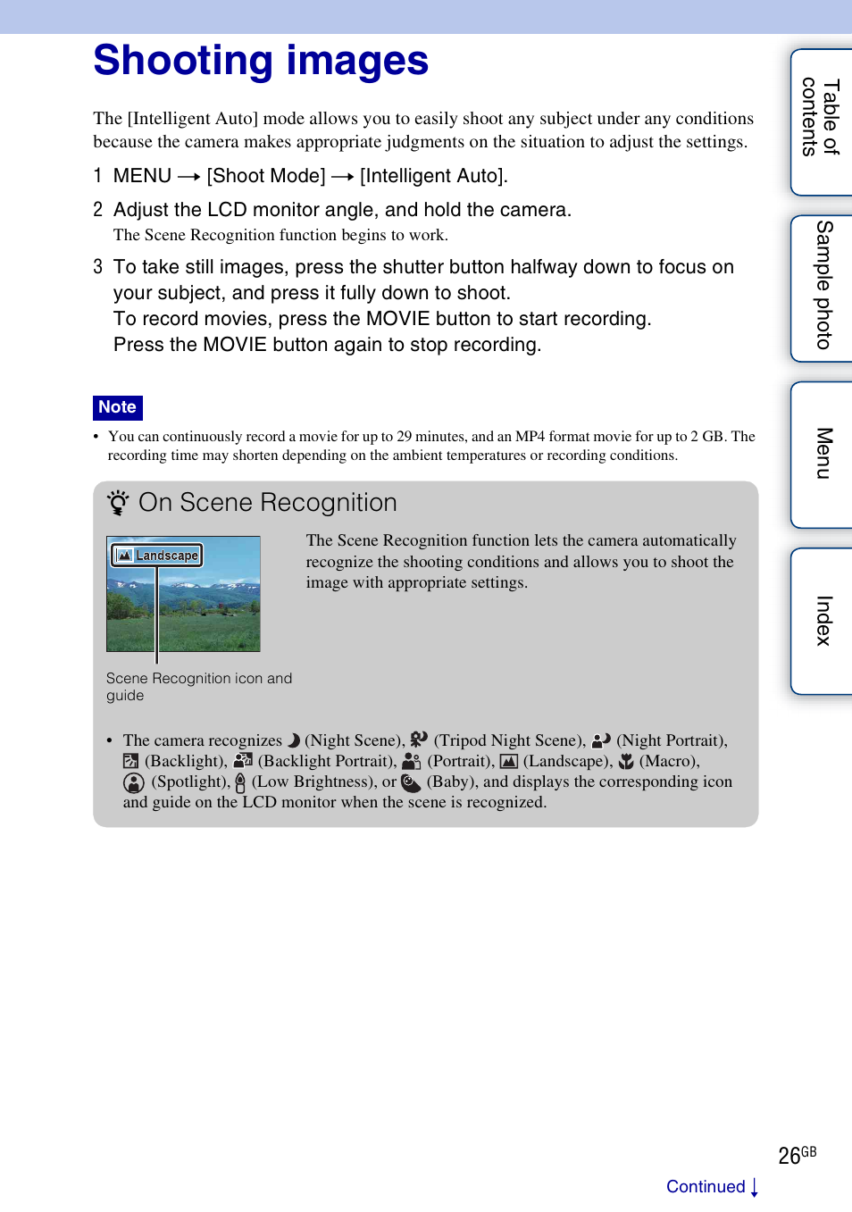 Shooting images, On scene recognition | Sony NEX-7K User Manual | Page 26 / 211