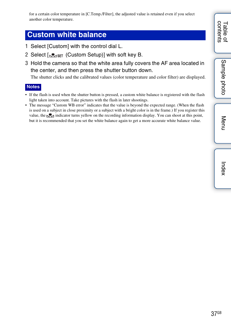 Custom white balance | Sony NEX-7K User Manual | Page 37 / 211