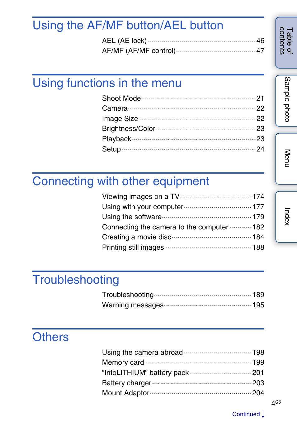 Using the af/mf button/ael button, Using functions in the menu, Connecting with other equipment | Troubleshooting, Others | Sony NEX-7K User Manual | Page 4 / 211