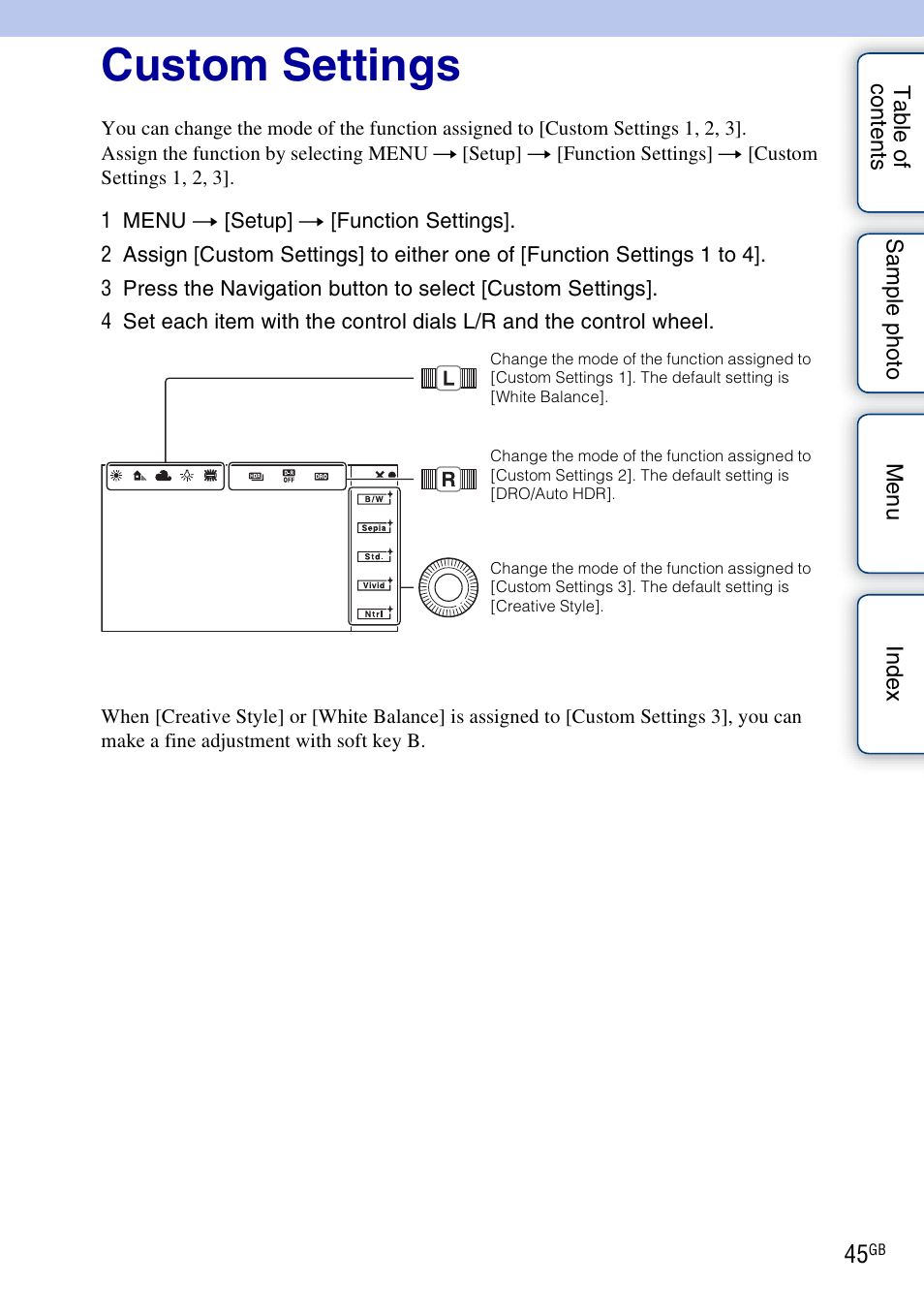Custom settings, 45 for, Custom settings (p | Sony NEX-7K User Manual | Page 45 / 211