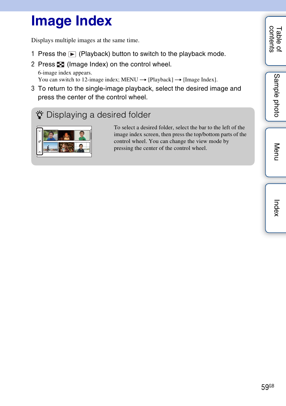Image index, Displaying a desired folder | Sony NEX-7K User Manual | Page 59 / 211