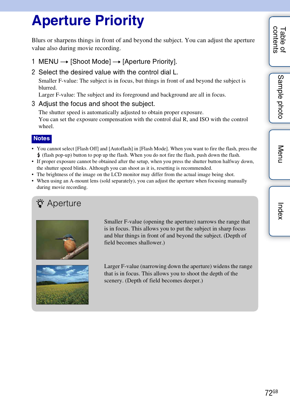 Aperture priority, Aperture | Sony NEX-7K User Manual | Page 72 / 211