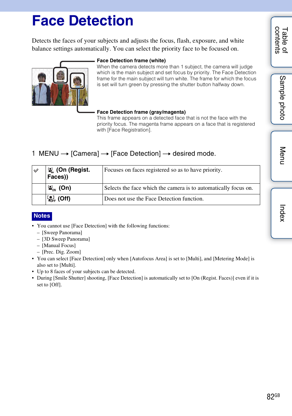 Face detection | Sony NEX-7K User Manual | Page 82 / 211