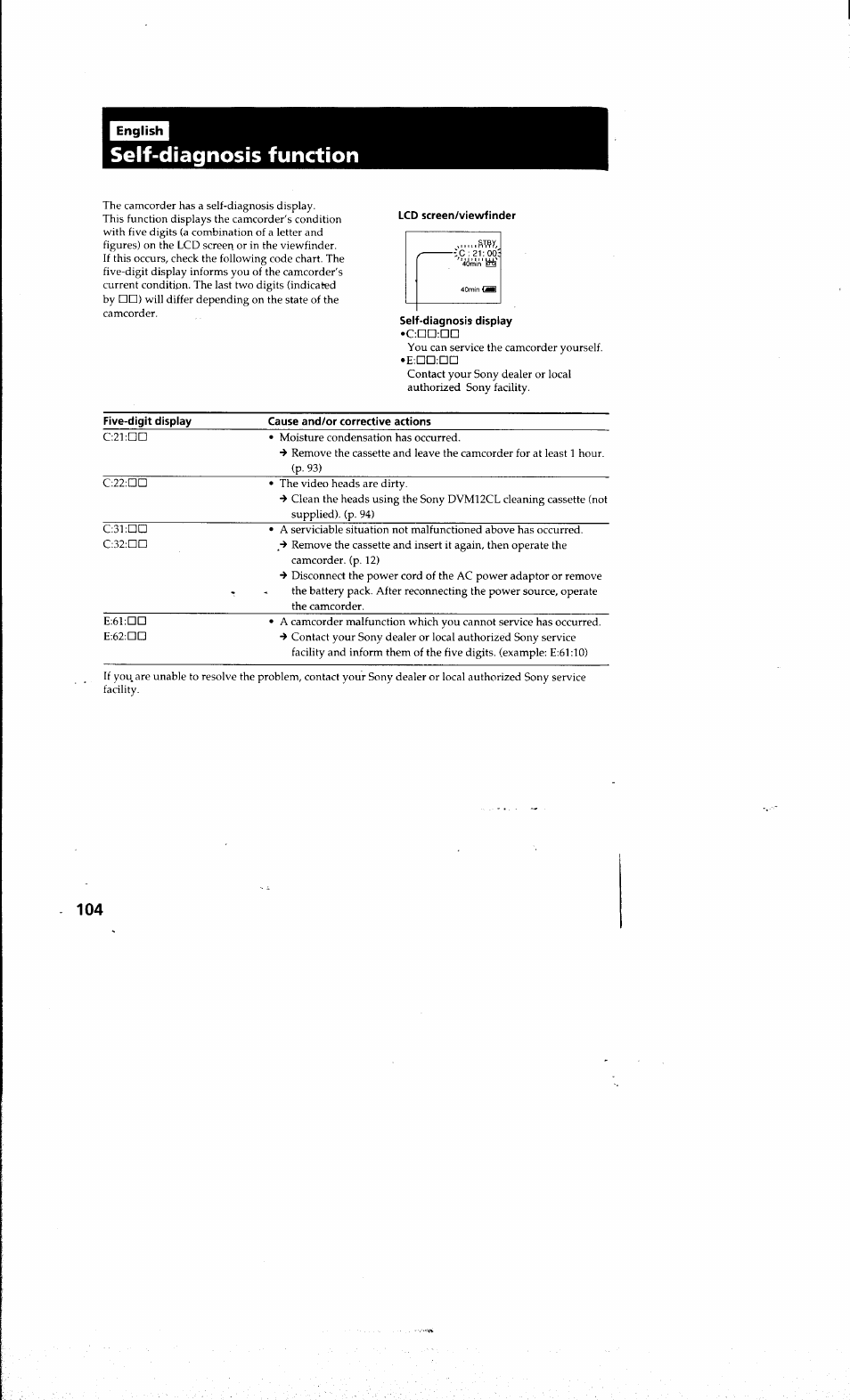 Self-diagnosis function, Lcd screen/viewfinder, Self-diagnosis display | Sony DCR-PC10 User Manual | Page 102 / 122