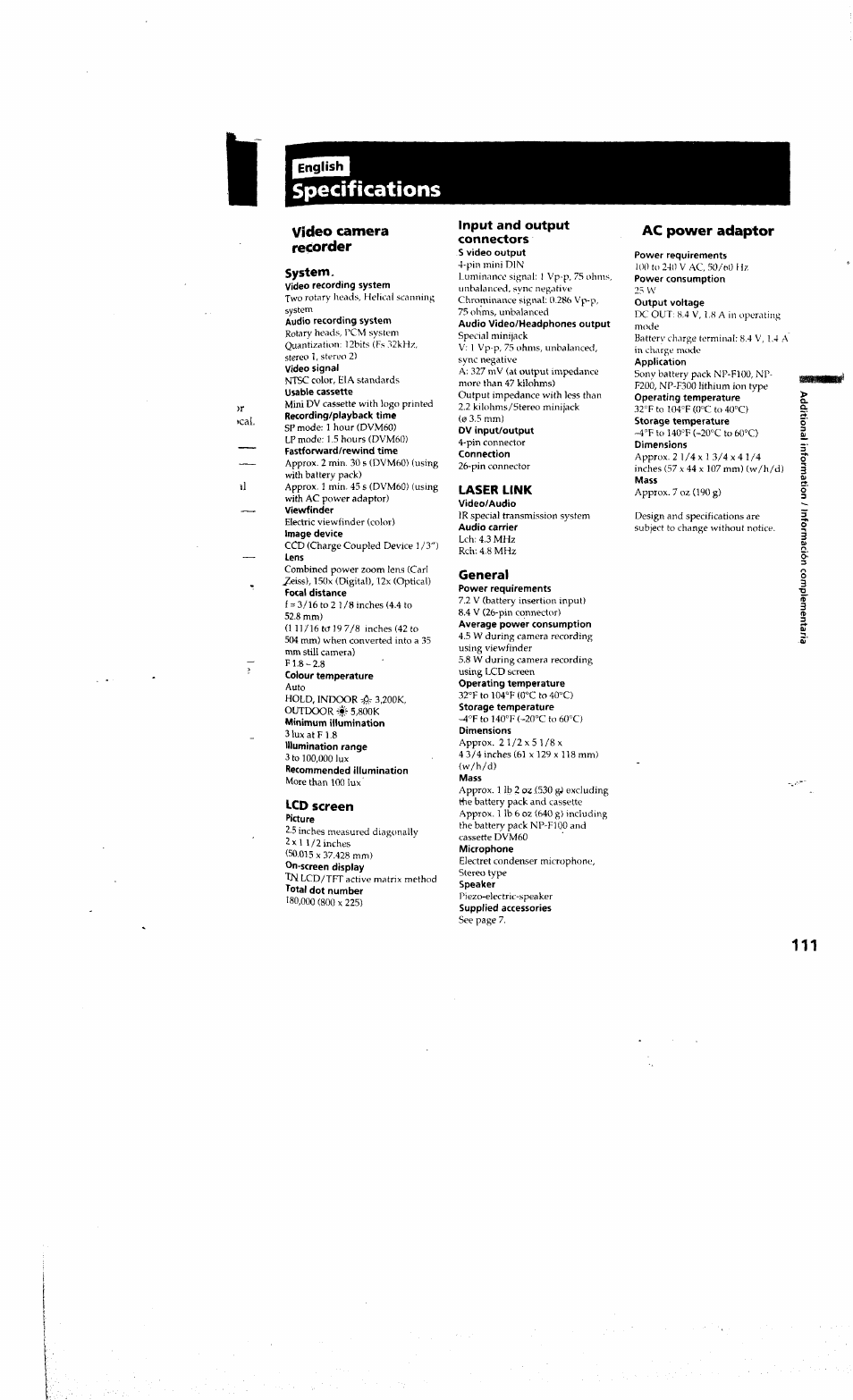 Specifications, Video camera recorder, System | Lcd screen, Input and output connectors, Laser link, General, Ac power adaptor | Sony DCR-PC10 User Manual | Page 109 / 122