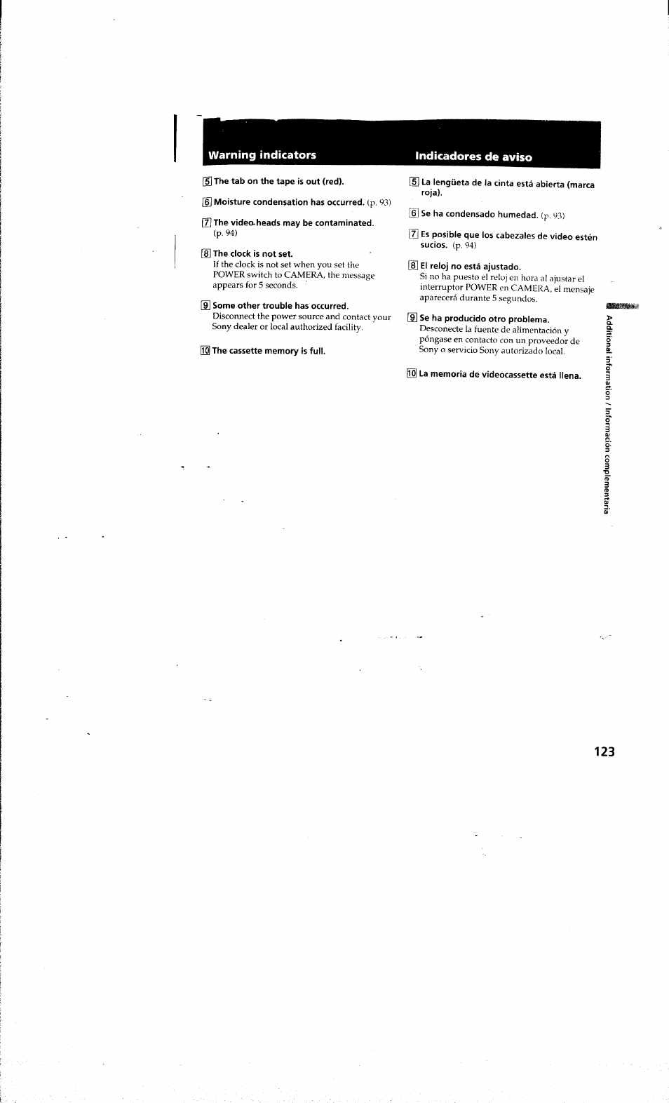 Warning indicators, Indicadores de aviso, Warning indicators indicadores de aviso | Sony DCR-PC10 User Manual | Page 121 / 122
