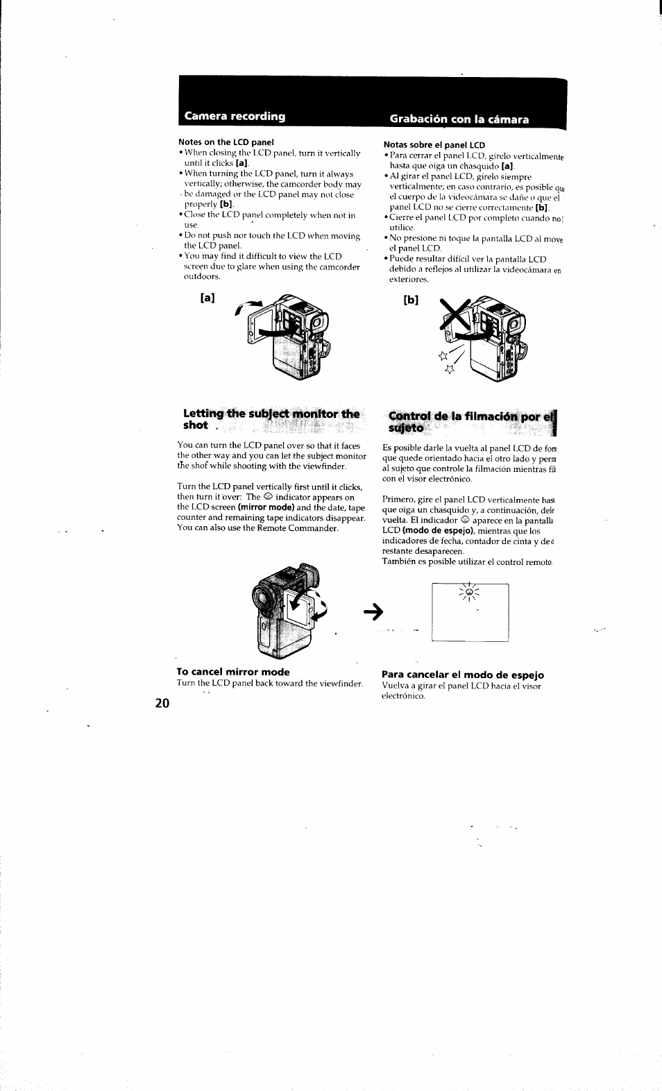 Notes on the lcd panel, Notas sobre el panel lcd, Letting the subject monitor the shot | Control de la filmación por e sujeto, To cancel mirror mode, Para cancelar el modo de espejo, Control de la filmación por el sujeto | Sony DCR-PC10 User Manual | Page 18 / 122
