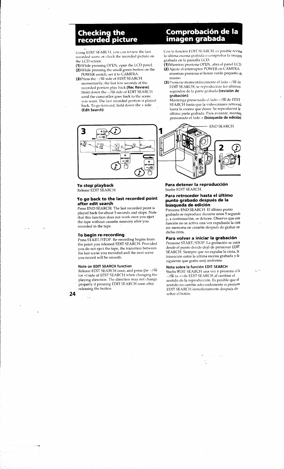 Comprobación de la imagen grabada, To begin re-recording, Note on edit search function | Para volver a iniciar la grabación, Nota sobre la función edit search, Checkina the recorded picture | Sony DCR-PC10 User Manual | Page 22 / 122