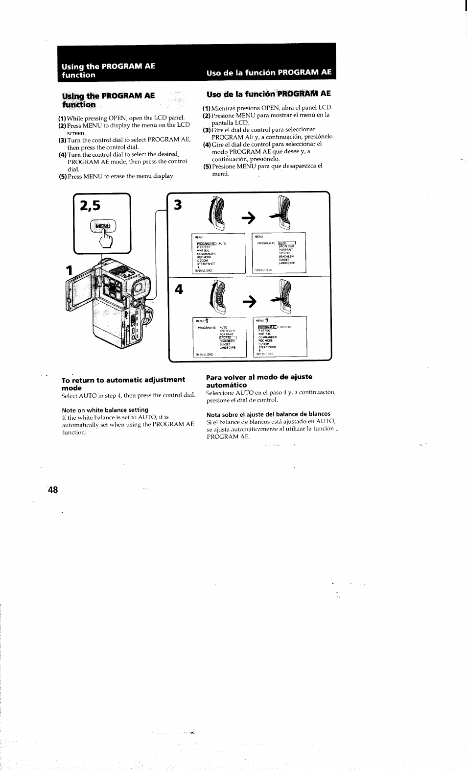 Using the program ae function, Uso de la función program ae, To return to automatic adjustment mode | Note on white balance setting, Para volver al modo de ajuste automático, Nota sobre el ajuste del balance de blancos | Sony DCR-PC10 User Manual | Page 46 / 122