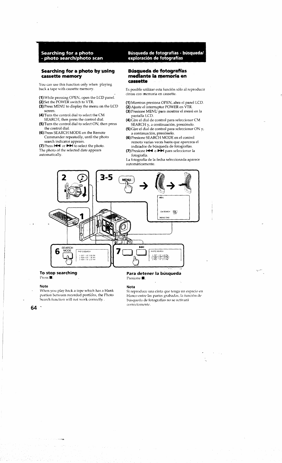 Searching for a photo by using cassette memory, To stop searching, Note | Para detener la búsqueda, Nota | Sony DCR-PC10 User Manual | Page 62 / 122