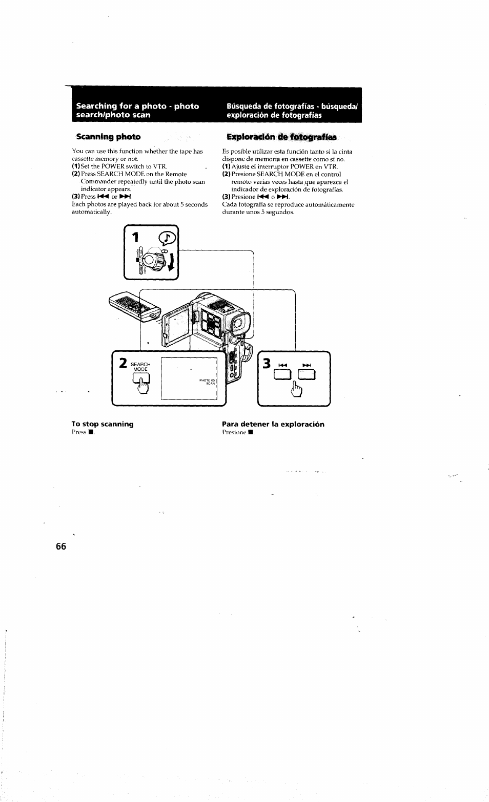 Scanning photo, Para detener la exploración, Explomilón de fotograliái | Sony DCR-PC10 User Manual | Page 64 / 122