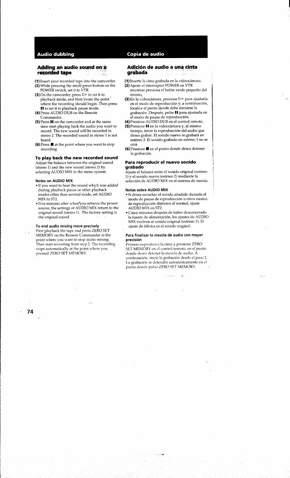 Audio dubbing, Copia de audio, Adding an audio sound on a recorded tape | To play back the new recorded sound, Notes on audio mix, To end audio mixing more precisely, Adición de audio a una cinta grabada, Para reproducir el nuevo sonido grabado, Notas sobre audio mix | Sony DCR-PC10 User Manual | Page 72 / 122
