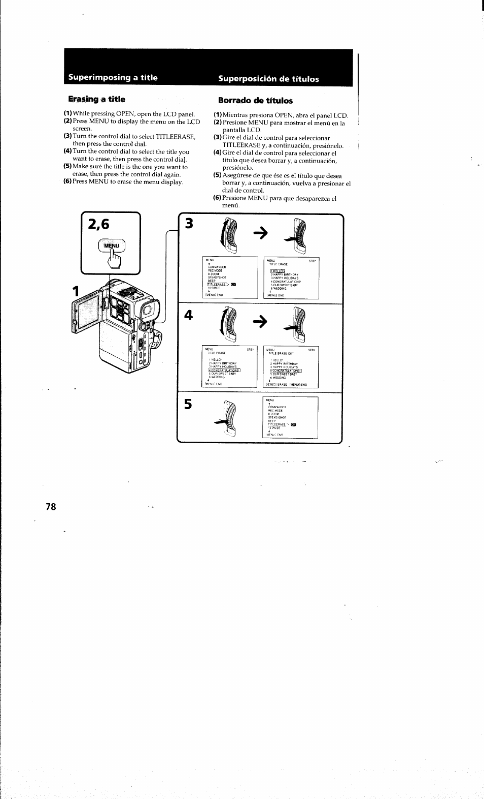 Rasing a title, Borrado de títulos, Superimposing a title superposición de títulos | Sony DCR-PC10 User Manual | Page 76 / 122