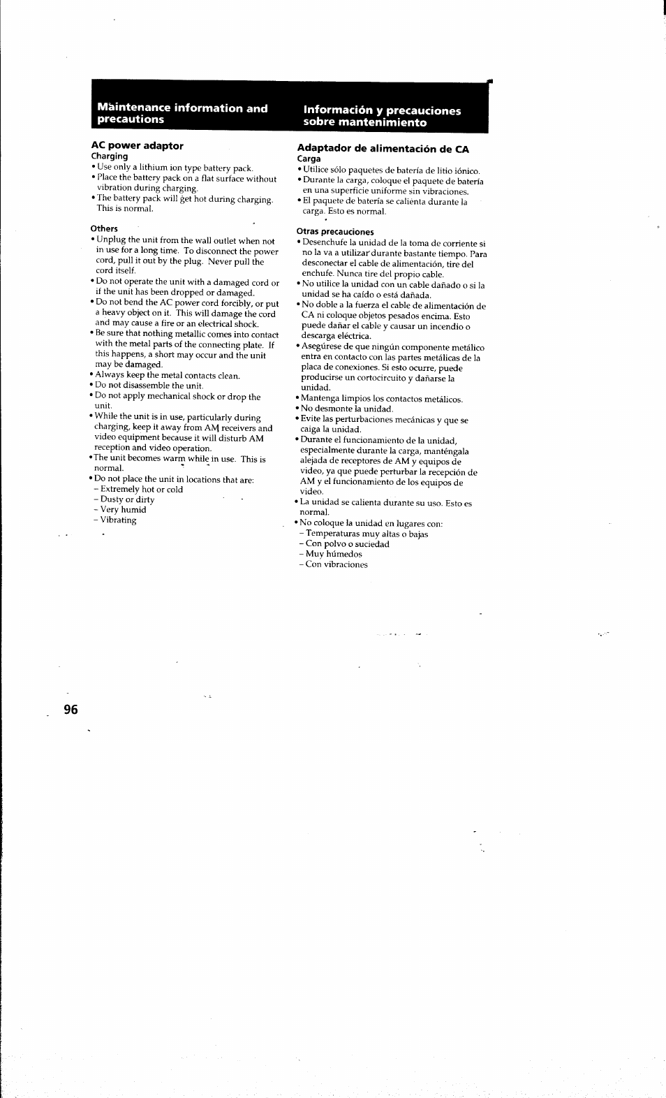 Ac power adaptor, Others, Adaptador de alimentación de ca | Otras precauciones | Sony DCR-PC10 User Manual | Page 94 / 122