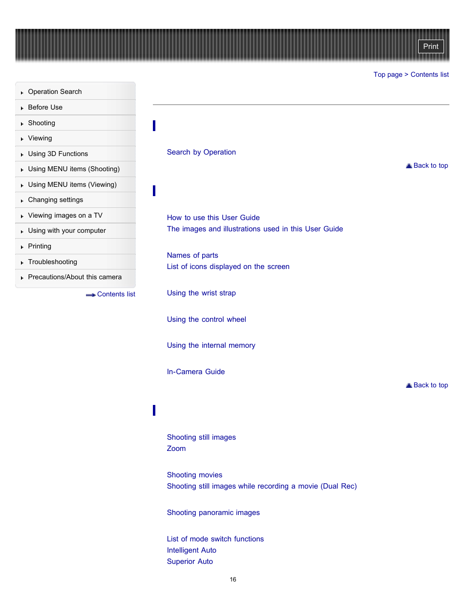 Contents list | Sony DSC-WX9 User Manual | Page 16 / 252
