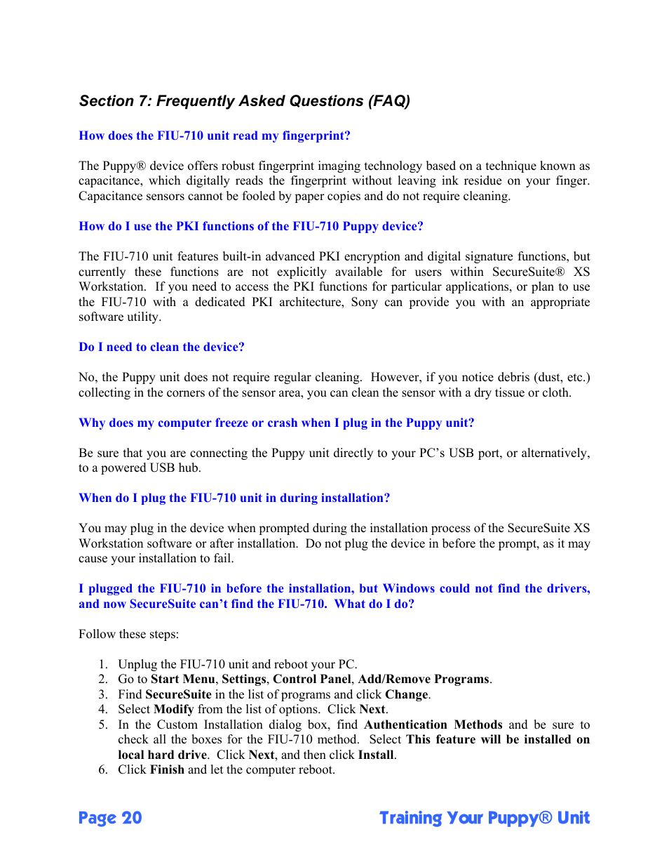 Page 20 training your puppy® unit | Sony FIU-710 User Manual | Page 20 / 24