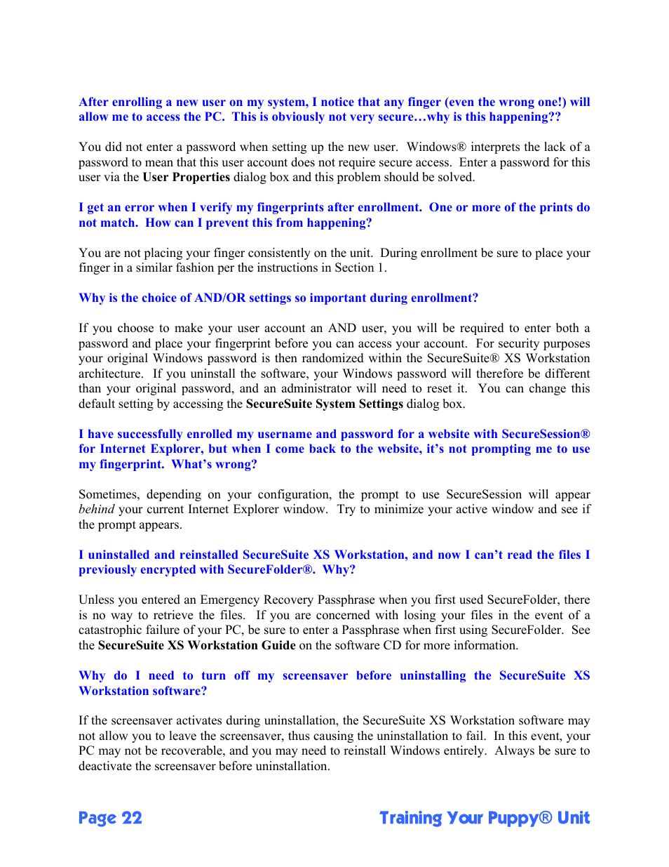 Page 22 training your puppy® unit | Sony FIU-710 User Manual | Page 22 / 24