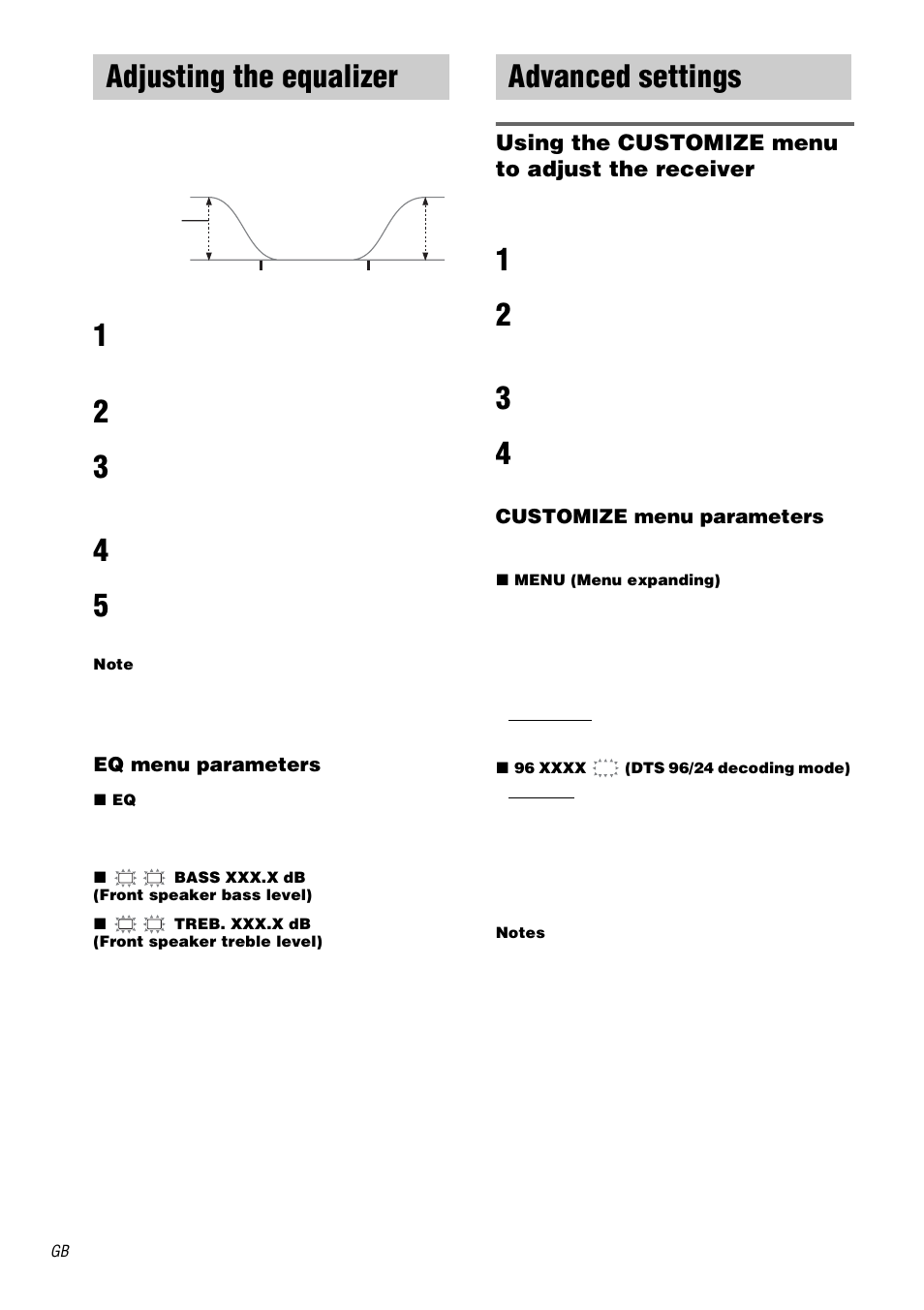 Adjusting the equalizer, Advanced settings, Adjusting the equalizer advanced settings | Using the customize menu to adjust the receiver | Sony STR-DA1000ES User Manual | Page 38 / 56