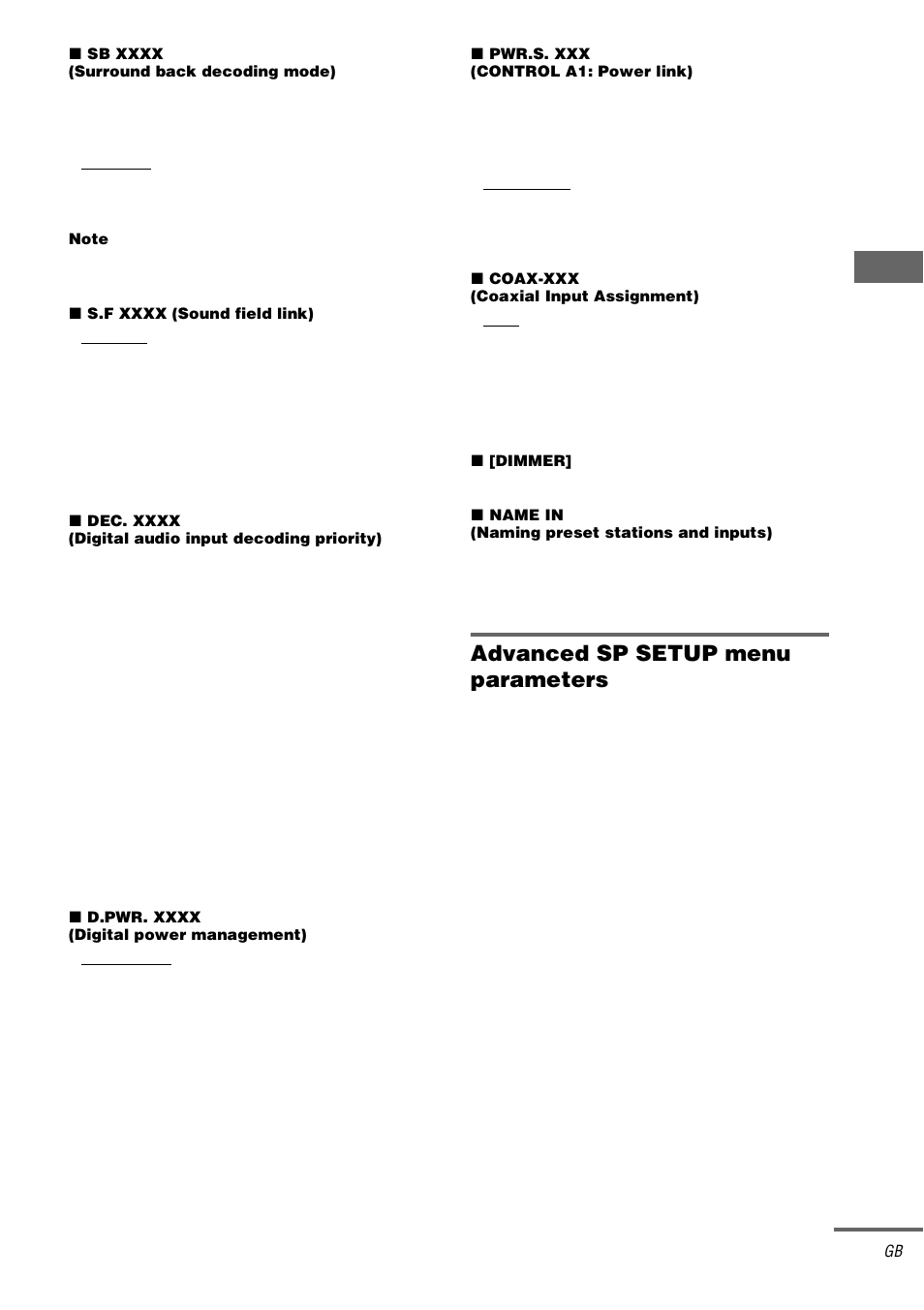 Advanced sp setup menu parameters | Sony STR-DA1000ES User Manual | Page 39 / 56
