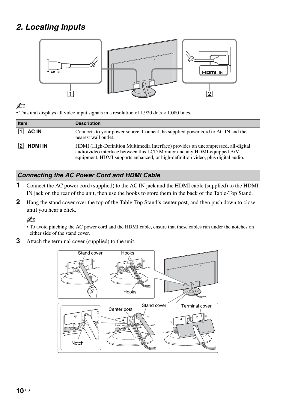 Locating inputs, Connecting the ac power cord and hdmi cable | Sony KLV-40ZX1M User Manual | Page 10 / 87