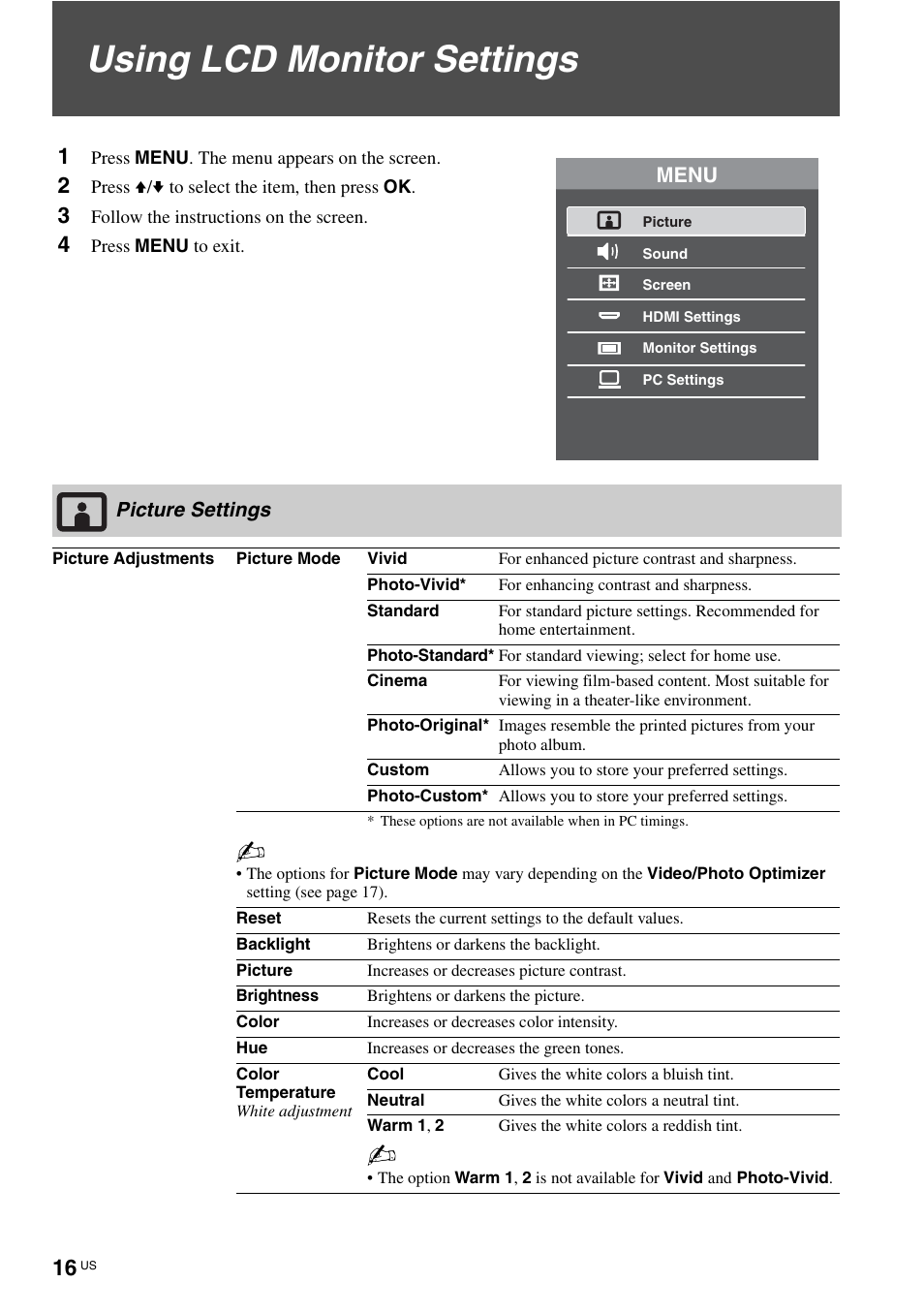 Using lcd monitor settings, Picture settings | Sony KLV-40ZX1M User Manual | Page 16 / 87