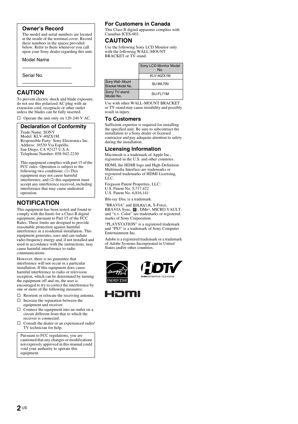 Caution, Notification | Sony KLV-40ZX1M User Manual | Page 2 / 87