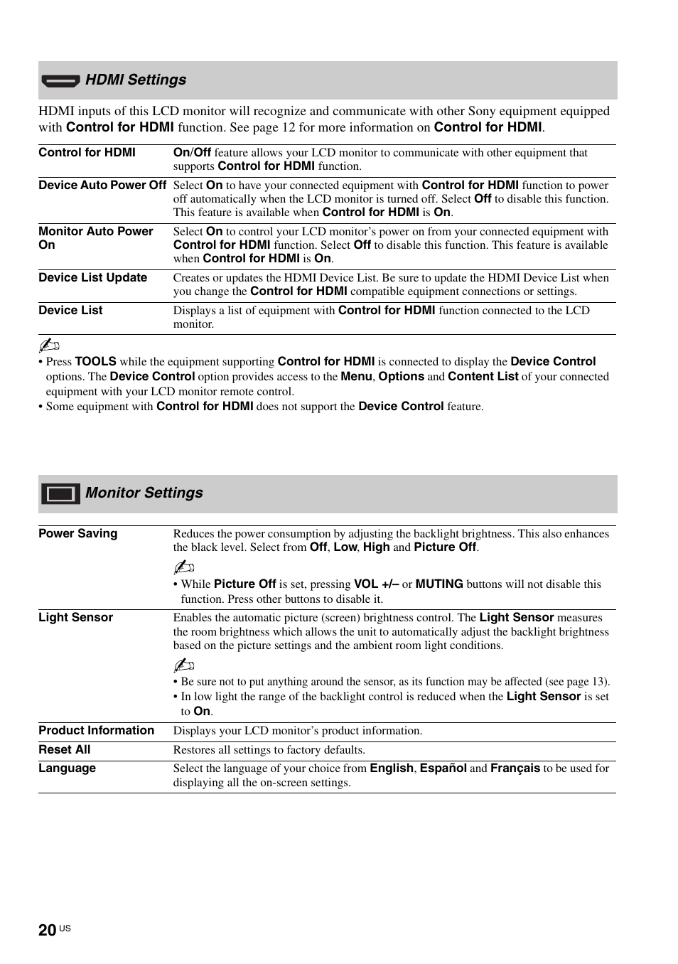 Hdmi settings, Monitor settings, Hdmi settings monitor settings | Sony KLV-40ZX1M User Manual | Page 20 / 87