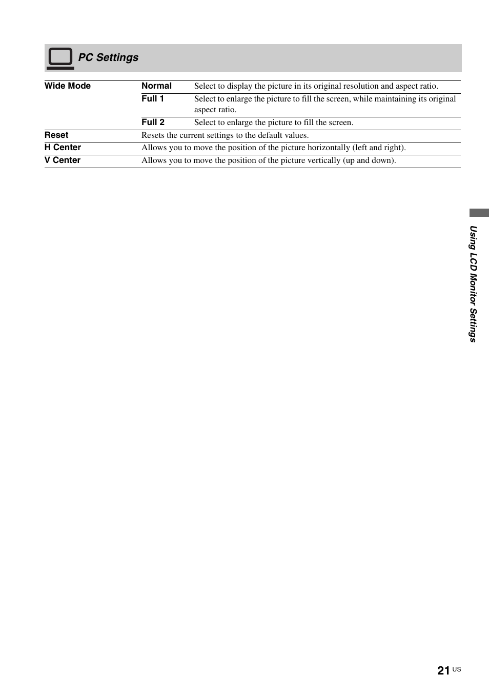 Pc settings | Sony KLV-40ZX1M User Manual | Page 21 / 87