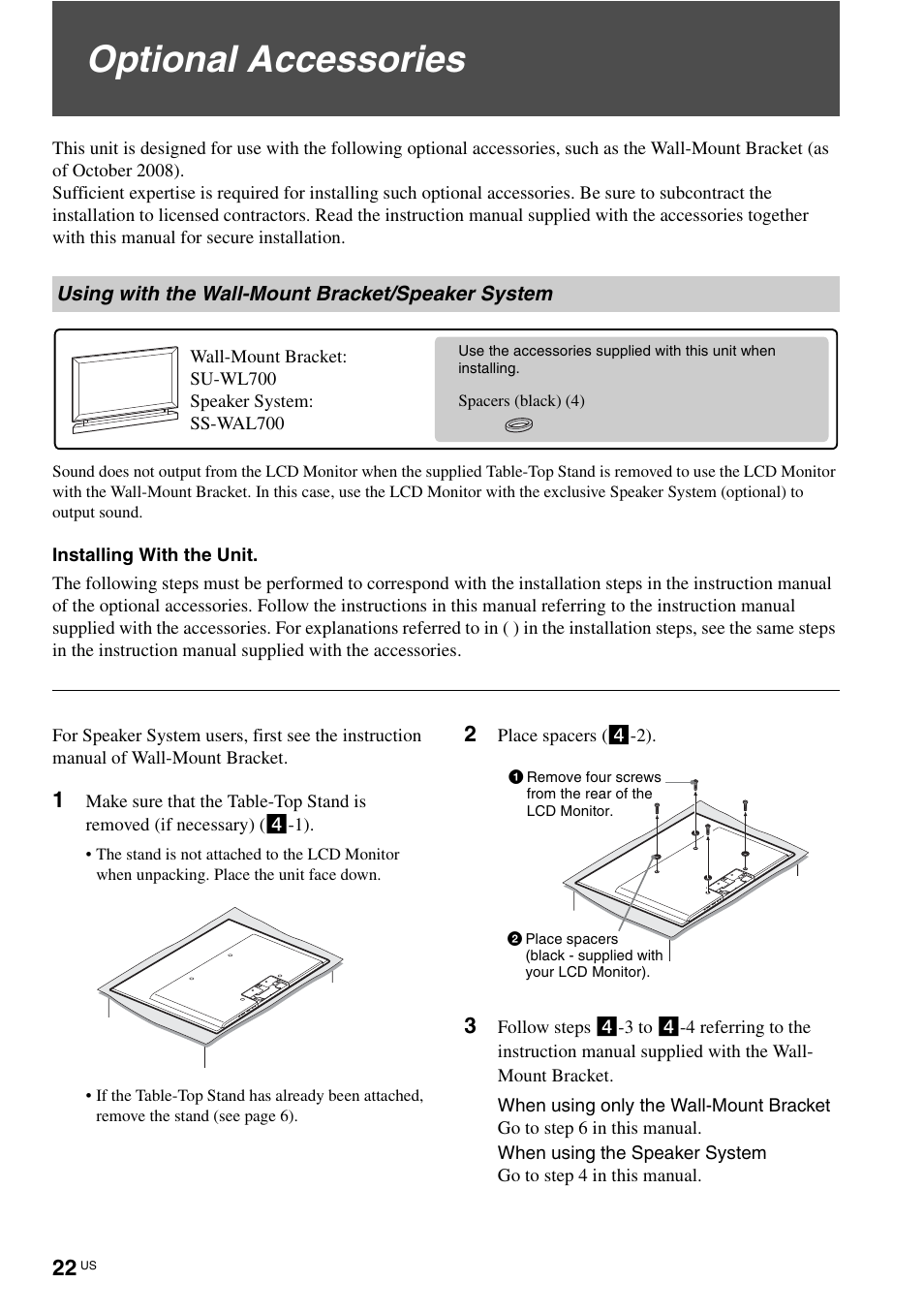 Optional accessories, Using with the wall-mount bracket/speaker system | Sony KLV-40ZX1M User Manual | Page 22 / 87