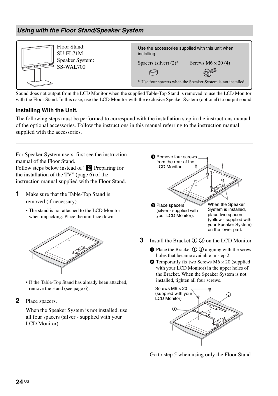 Using with the floor stand/speaker system | Sony KLV-40ZX1M User Manual | Page 24 / 87