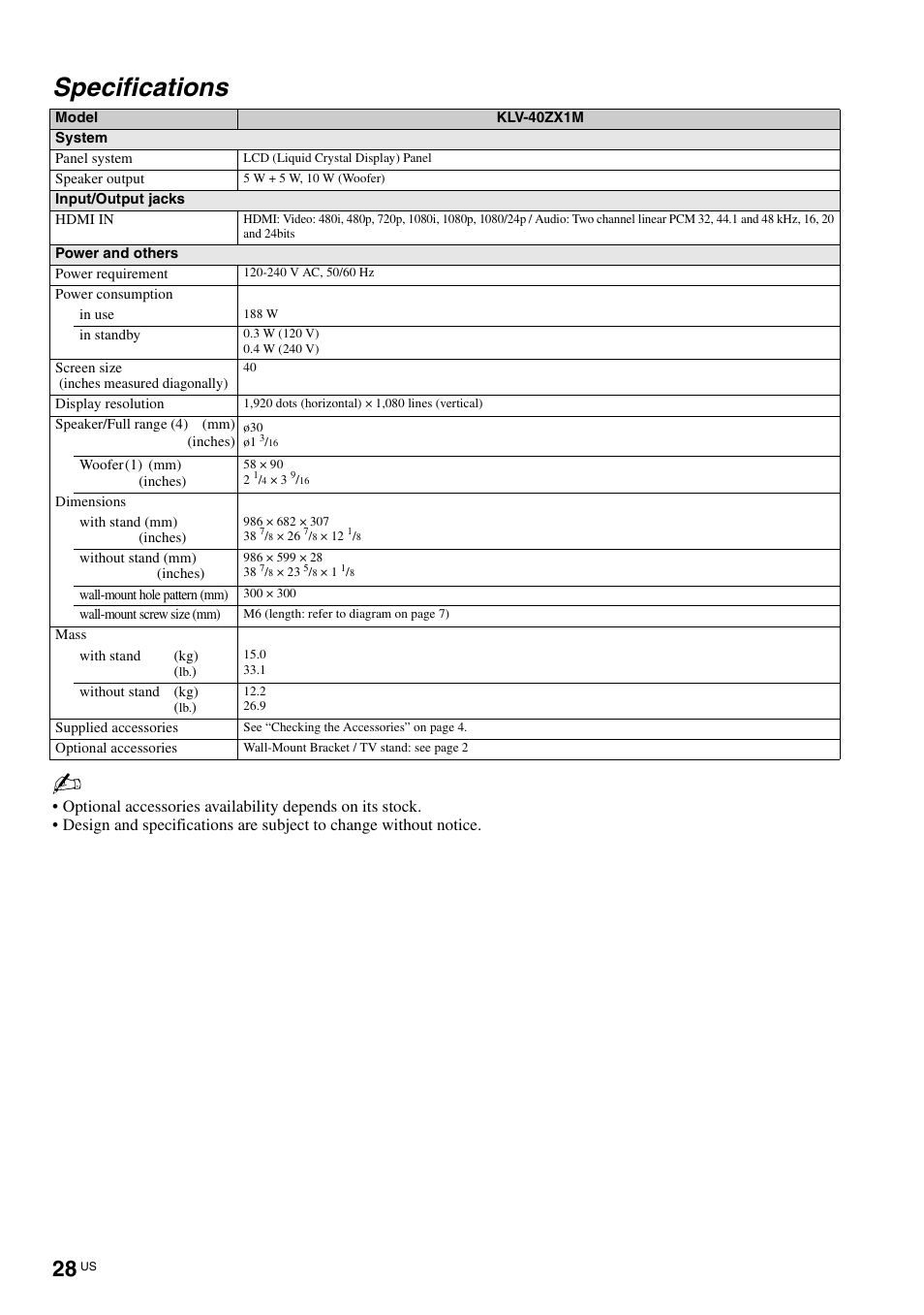 Specifications | Sony KLV-40ZX1M User Manual | Page 28 / 87