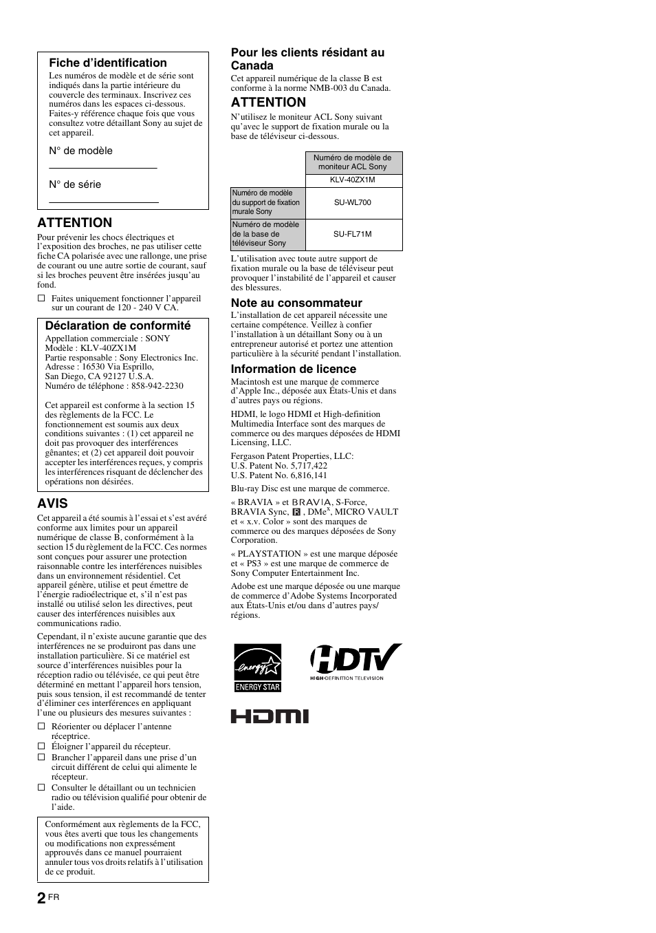 Attention, Avis | Sony KLV-40ZX1M User Manual | Page 30 / 87
