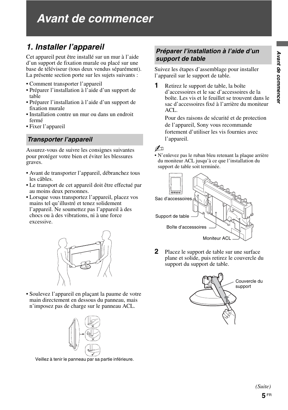 Avant de commencer, Installer l’appareil, Transporter l’appareil | Sony KLV-40ZX1M User Manual | Page 33 / 87