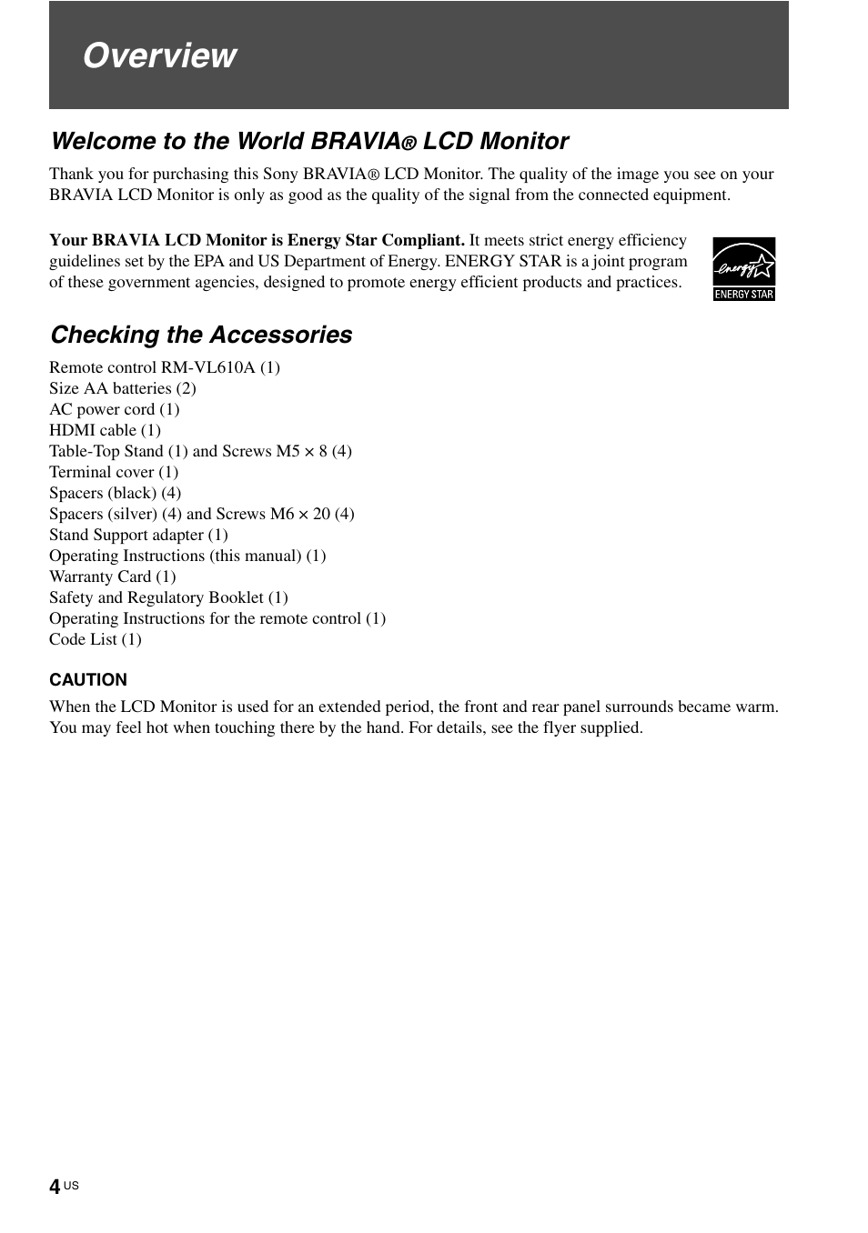 Overview, Welcome to the world bravia® lcd monitor, Checking the accessories | Welcome to the world bravia, Lcd monitor | Sony KLV-40ZX1M User Manual | Page 4 / 87