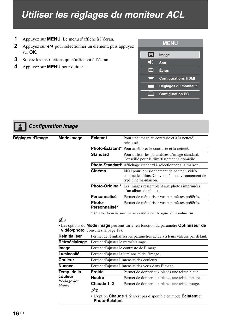 Utiliser les réglages du moniteur acl, Configuration image | Sony KLV-40ZX1M User Manual | Page 44 / 87