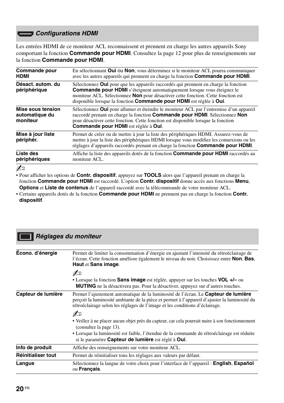 Configurations hdmi, Réglages du moniteur, Configurations hdmi réglages du moniteur | Sony KLV-40ZX1M User Manual | Page 48 / 87